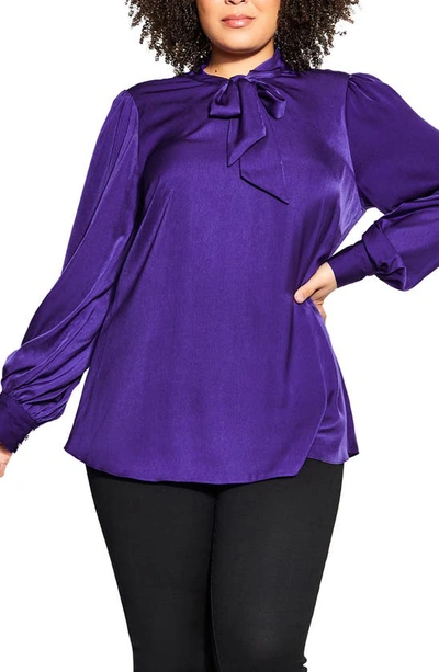 City Chic In Awe Tie Neck Top In Royal Purple
