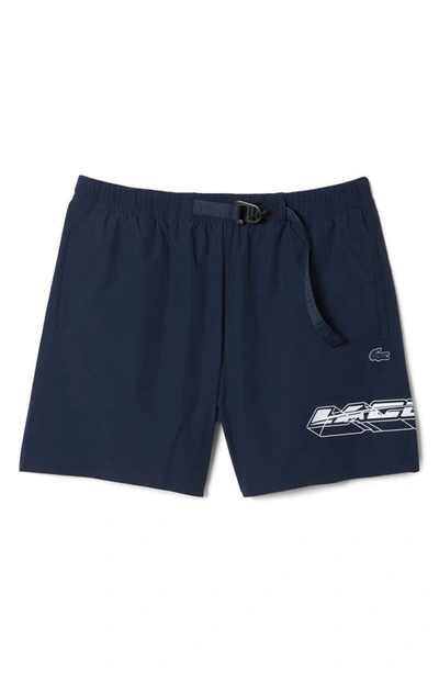 Lacoste Belted Swim Trunks In Blue Night