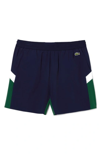 Lacoste Colorblock Cotton Swim Trunks In Yun Navy Blue/ Green-flour