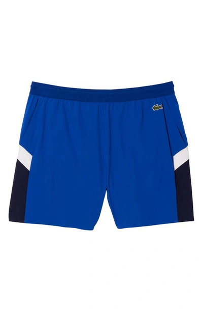 Lacoste Colorblock Cotton Swim Trunks In Cobalt/ Navy Blue-flour