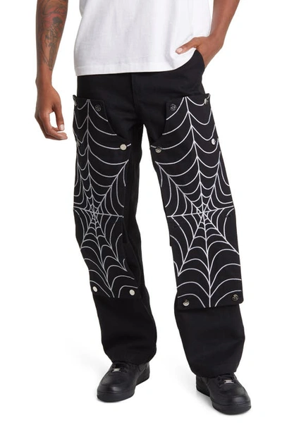 Tombogo Spiderweb Double Knee Cargo Pants In Black