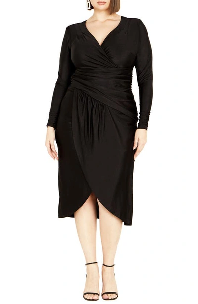 City Chic Marissa Ruched Long Sleeve Midi Dress In Black