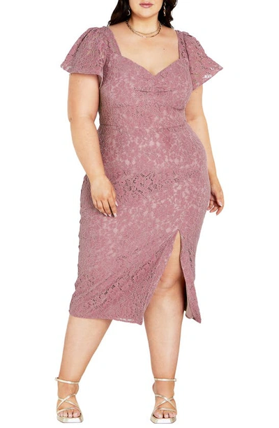 City Chic Maisie Lace Flutter Sleeve Midi Dress In Dusty Orchid