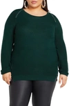 City Chic Zipper Accent High-low Crewneck Sweater In Green