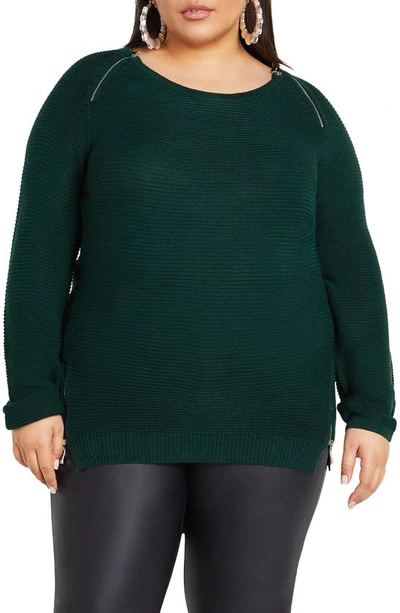 City Chic Zipper Accent High-low Crewneck Sweater In Emerald