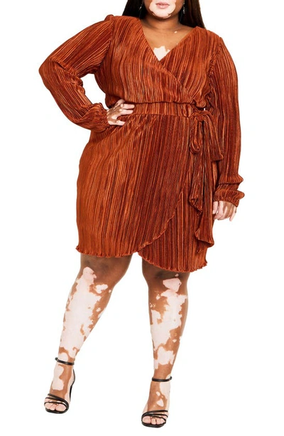 City Chic Macie Plissé Long Sleeve Faux Wrap Dress In Gingerbread