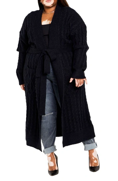 City Chic Kelsey Belted Cable Stitch Longline Cardigan In Black