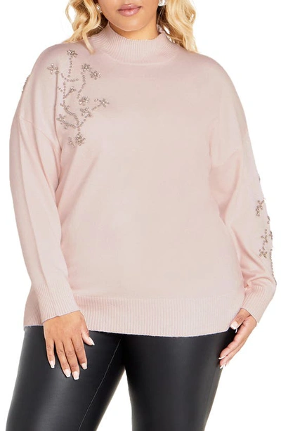 City Chic Maddison Embellished Mock Neck Sweater In Blushing Bride