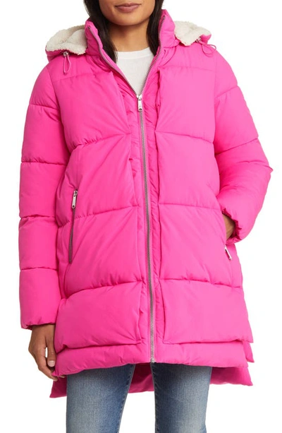 Sam Edelman Puffer Jacket With Removable Faux Shearling Trim In Bright Dahlia