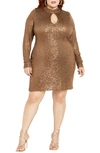 City Chic Glowing Sequin Long Sleeve Sweater Dress In Brown