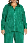 City Chic Andi High-low Plissé Button-up Shirt In Greenstone