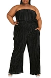 City Chic Hailee Strapless Plissé Jumpsuit In Black