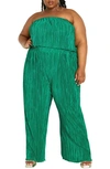 City Chic Hailee Strapless Plissé Jumpsuit In Greenstone