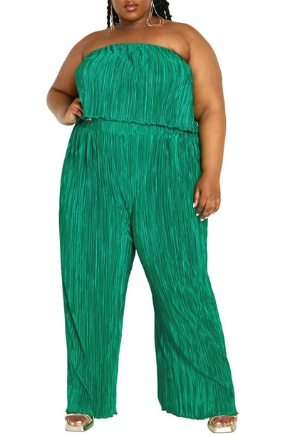 City Chic Hailee Strapless Plissé Jumpsuit In Greenstone