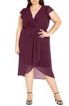 City Chic Faux Wrap Chiffon Midi Dress In Spiced Plum