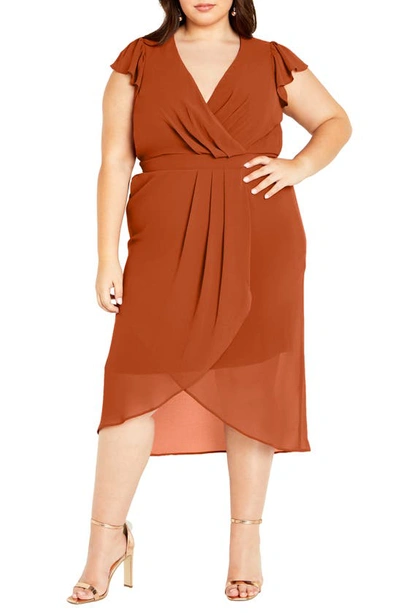 City Chic Faux Wrap Chiffon Midi Dress In Ginger