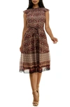 Nina Leonard Smock Chiffon Midi Dress In Tan Rust Navy Multi