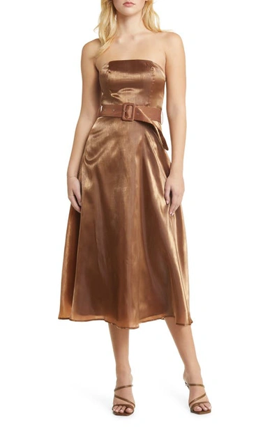 Lulus Chicly Stunning Shiny Brown Strapless Belted Midi Dress