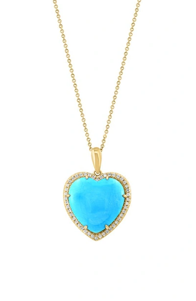 Effy 14k Yellow Gold Diamond Halo Turquoise Heart Pendant Necklace