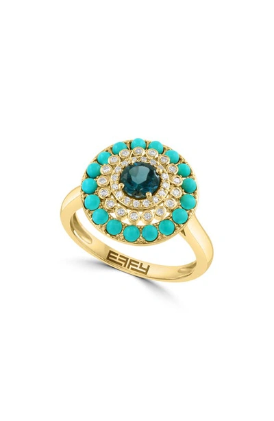 Effy 14k Yellow Gold Turquoise, Diamond And London Blue Topaz Sunray Ring In Gold/ Blue