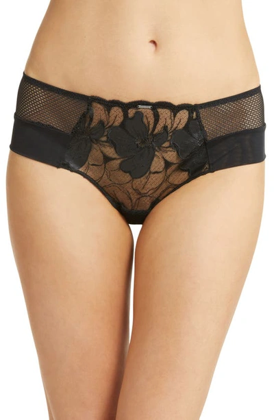 Chantelle Lingerie Fleurs Floral Embroidered Hipster Panties In Faux Leather Black