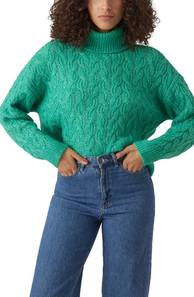 Vero Moda Tilly Cable Stitch Recycled Polyester Blend Turtleneck Sweater In Mint Detail W Melang
