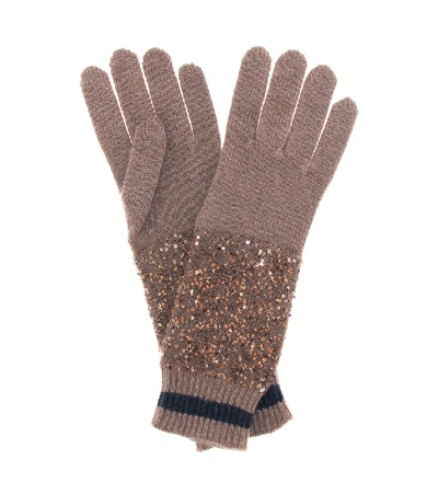 Brunello Cucinelli Sequined Cashmere And Silk Gloves In Brown