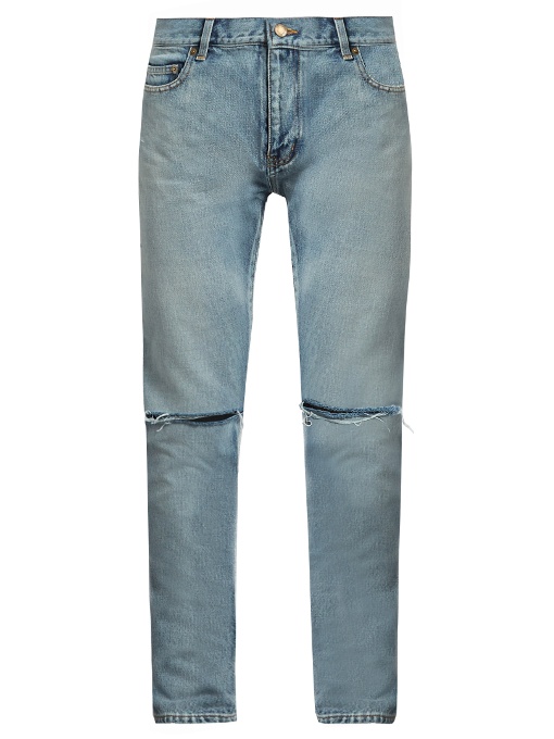 Saint Laurent Distressed Slim Fit Five-pocket Style Jeans In Light-blue ...