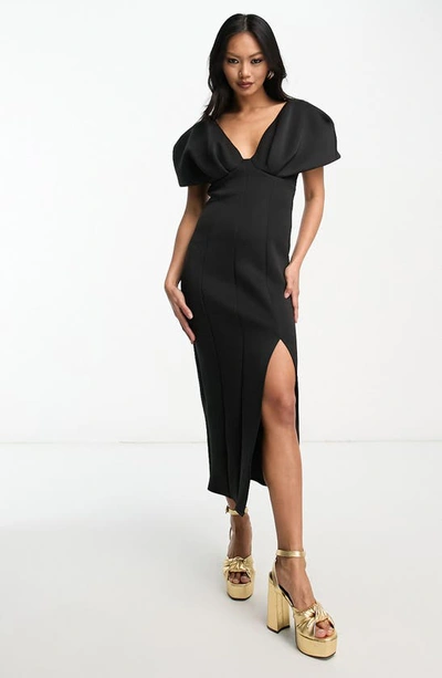 Asos Design Deep V-neck Neck Midi Sheath Dress In Black