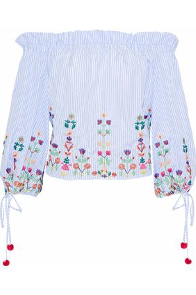 Raoul Woman Off-the-shoulder Embroidered Striped Cotton Blouse Light Blue