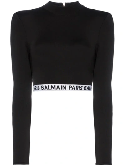 Balmain High Neck Logo Crop Top In Nero