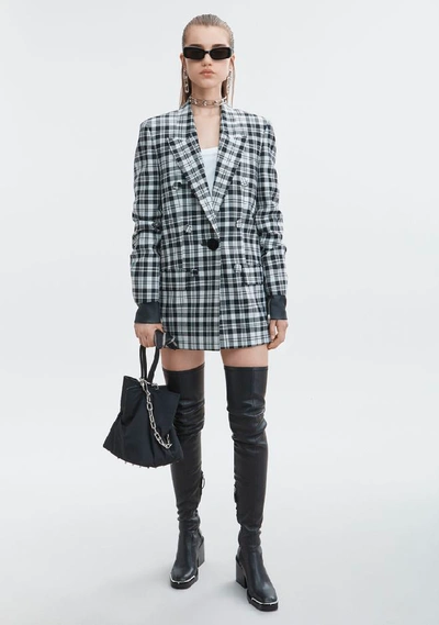 Alexander Wang Leather Cuff Checked Wool Blazer In Black & White