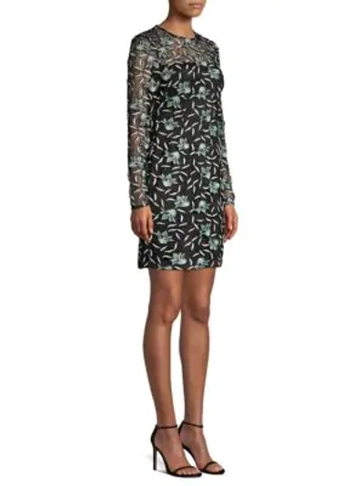Aidan Mattox Long-sleeve 3-d Floral Lace Fitted Mini Cocktail Dress In Mint