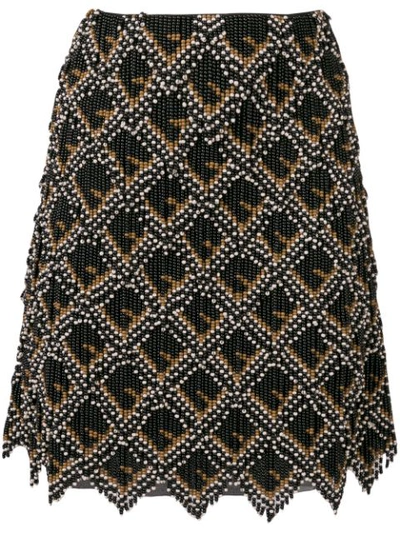 Fendi Beaded Mini Skirt W/ Leather Logo Back In Black Brown