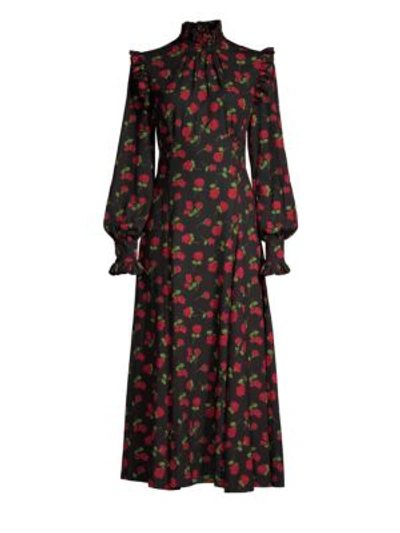 Michael Kors Mock-neck Long-sleeve Rose-print Bias-ruffle Silk Chiffon Long Dress In Crimson Multi