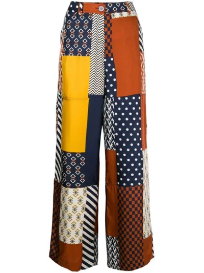 Tory Burch Denise Patchwork Printed Silk-twill Wide-leg Pants In Geometric Patchwork