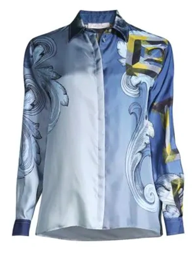 Versace Long Sleeve Printed Silk Shirt In Blue Print