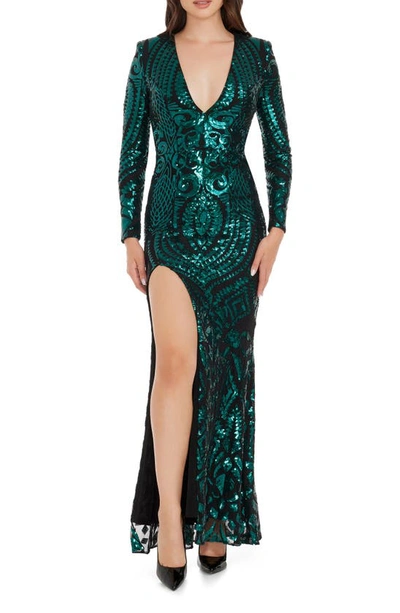 Dress The Population Alessandra Long Sleeve Sequin Mermaid Gown In Green