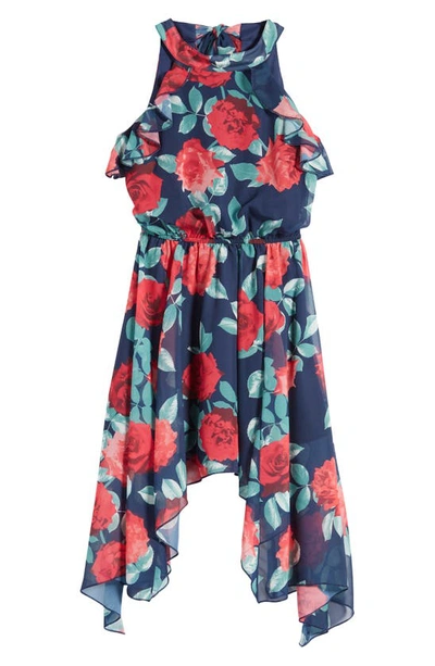 Ava & Yelly Kids' Floral Sleeveless Asymmetric Dress In Navy/ Red Multi