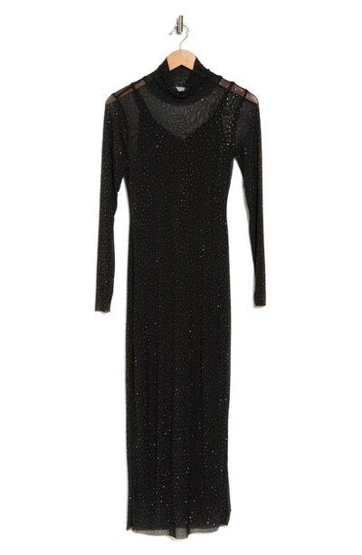 Afrm Marni Embellished Long Sleeve Mesh Midi Dress In Noir