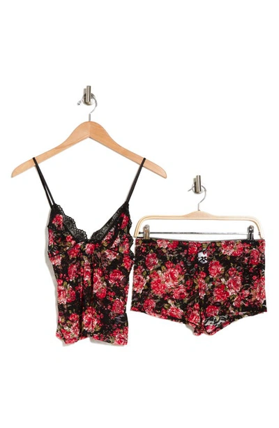 In Bloom By Jonquil Floral Lace Camisole & Shorts Pajamas In Black