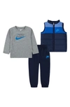 Nike Babies' Colorblock Puffer Vest, Long Sleeve Tee & Joggers Set In Midnight Navy