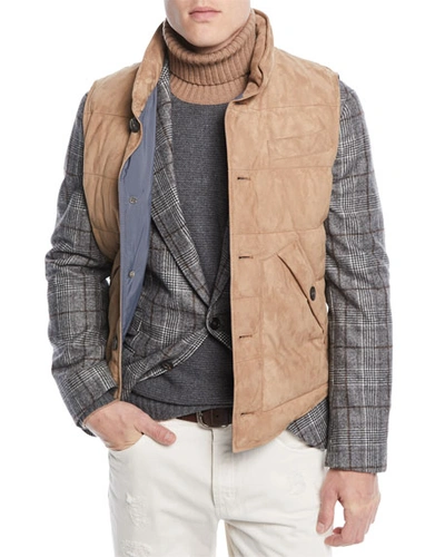 Brunello Cucinelli Men's Quilted Suede Button-front Vest In Camel