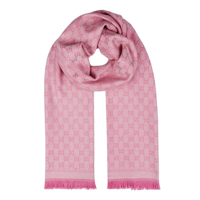 Gucci Gg Pink Wool Jacquard Scarf In Ivory