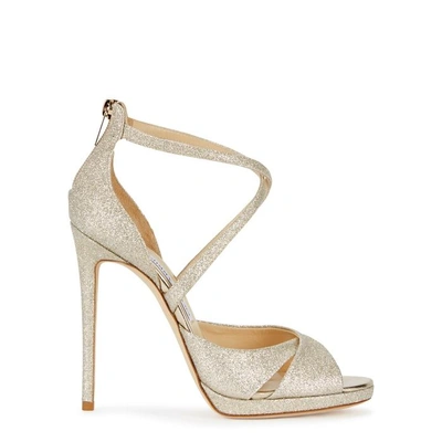 Jimmy Choo Lorina Gold Glittered Leather Sandals In Silver