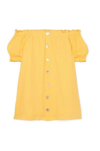 She Made Me Kali Off-the-shoulder Crinkled-cotton Mini Dress In Yellow