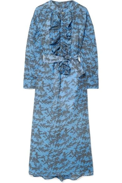 Yvonne S Ruffled Printed Linen Midi Dress In Light Blue