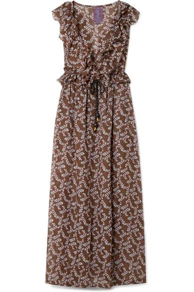Yvonne S Marie-antoinette Ruffled Floral-print Linen Maxi Dress In Brown