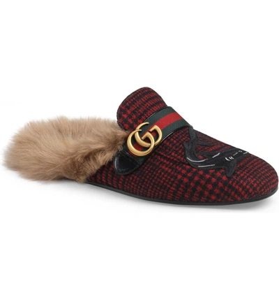 Gucci Princetown Double G Loafer Mule With Genuine Shearling In Red Black/ Nero