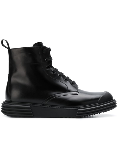 Prada Lace-up Leather Boots In Black